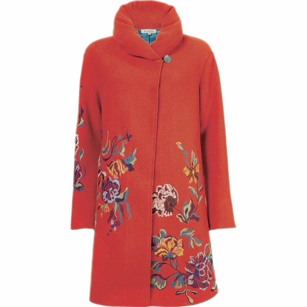 IVKO Embroidered Orange Boiled Wool Knee Length Long Coat Sz 6